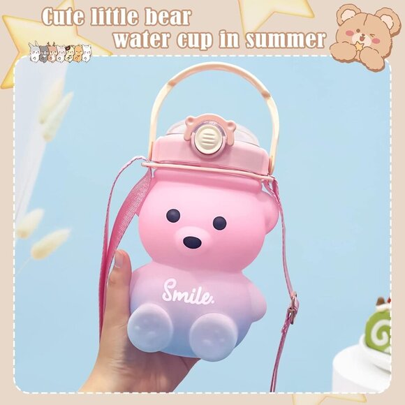 Cute Bear Water Bottle: 32oz Kawaii Kids Water Bottles with Strap and Straw - Le - Picture 4 of 7